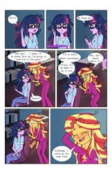 Size: 2650x4096 | Tagged: safe, artist:verumteednp, banned from derpibooru, deleted from derpibooru, derpibooru import, sci-twi, sunset shimmer, twilight sparkle, comic:sparkling shimmer, equestria girls, blushing, chapter 2, clothes, comic, dialogue, eyes closed, hungry, open mouth, pajamas, speech bubble, stomach noise