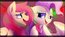 Size: 1280x720 | Tagged: safe, artist:little-tweenframes, banned from derpibooru, deleted from derpibooru, derpibooru import, fluttershy, oc, oc:sunny days, pegasus, pony, christmas, christmas lights, clothes, duet, duo, female, holiday, mare, mother and child, mother and daughter, offspring, parent:big macintosh, parent:fluttershy, parents:fluttermac, scarf, singing