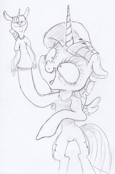 Size: 1569x2376 | Tagged: safe, artist:dilarus, banned from derpibooru, deleted from derpibooru, derpibooru import, twilight sparkle, twilight sparkle (alicorn), alicorn, pony, comic:the many faces of twilight sparkle, bipedal, creepy, monochrome, sock puppet, traditional art