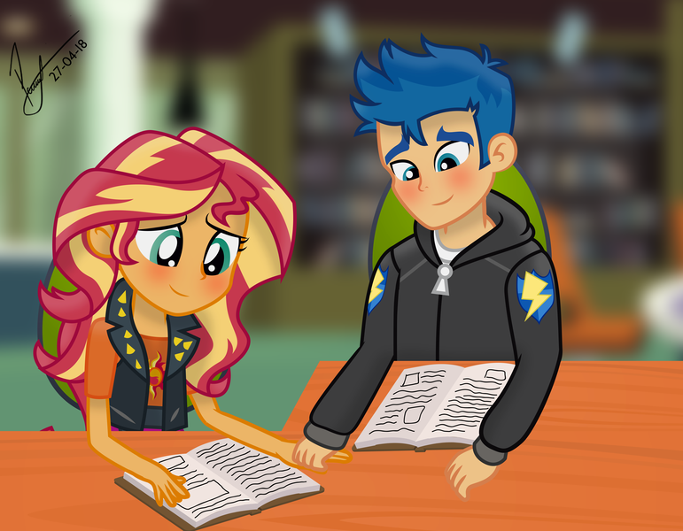 Size: 10038x7810 | Tagged: safe, artist:paulysentry, banned from derpibooru, deleted from derpibooru, derpibooru import, flash sentry, sunset shimmer, equestria girls, equestria girls series, absurd resolution, blushing, book, clothes, female, flashimmer, holding hands, jacket, leather jacket, male, shipping, straight, table