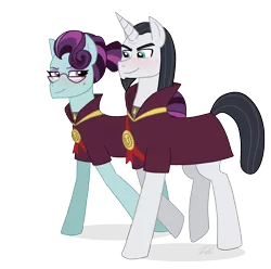Size: 1280x1269 | Tagged: safe, artist:verumteednp, banned from derpibooru, deleted from derpibooru, derpibooru import, chancellor neighsay, principal abacus cinch, ponified, earth pony, pony, unicorn, school daze, clothes, equestria girls ponified, female, male, neighcinch, shipping, simple background, smiling, straight, transparent background
