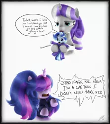 Size: 3840x4320 | Tagged: safe, artist:imafutureguitarhero, artist:little-tweenframes, banned from derpibooru, deleted from derpibooru, derpibooru import, sci-twi, twilight sparkle, twilight velvet, oc, oc:sparkling sapphire, ponified, pony, unicorn, 3d, absurd resolution, adaptation, adidas, baby, baby pony, border, chromatic aberration, clothes, collaboration, covering eyes, detailed hair, dialogue, dress, equestria girls ponified, female, film grain, freckles, grandmother and grandchild, handwriting, holding a pony, hoodie, magical lesbian spawn, mare, messy mane, mother and child, mother and daughter, offspring, open mouth, paintover, parent:sci-twi, parent:sunset shimmer, parents:scitwishimmer, raised hoof, raised hooves, recursive fanart, signature, simple background, source filmmaker, speech bubble, tongue out, tracksuit, unamused, wall of tags, white background, yelling