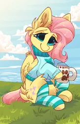 Size: 1500x2300 | Tagged: safe, artist:hiccupsdoesart, banned from derpibooru, deleted from derpibooru, derpibooru import, fluttershy, pegasus, pony, bottomless, butt fluff, clothes, cloud, cute, digital art, dilated pupils, ear fluff, female, fluffy, folded wings, grass, head tilt, hoof hold, leg warmers, mare, mug, partial nudity, shyabetes, signature, sitting, sky, smiling, socks, solo, striped socks, sweater, sweatershy, underhoof, wing fluff, wings