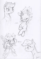 Size: 1659x2364 | Tagged: safe, artist:dilarus, banned from derpibooru, deleted from derpibooru, derpibooru import, oc, oc:bass (dilarus), oc:beat (dilarus), oc:melody (dilarus), unofficial characters only, earth pony, pegasus, pony, unicorn, :p, band, black and white, fart and the butts, female, grayscale, mare, monochrome, open mouth, raspberry, silly, tongue out, traditional art