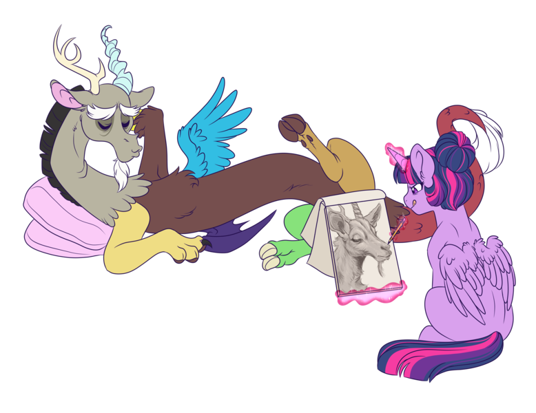 Size: 3500x2700 | Tagged: safe, artist:lopoddity, banned from derpibooru, deleted from derpibooru, derpibooru import, discord, twilight sparkle, twilight sparkle (alicorn), alicorn, draconequus, pony, pandoraverse, armpits, cloven hooves, commission, cute, dewclaw, digital art, discolight, discute, draw me like one of your french girls, drawing, female, glowing horn, hair bun, high res, horn, levitation, magic, male, mare, missing cutie mark, pencil, shipping, simple background, sketch, straight, telekinesis, tongue out, transparent background