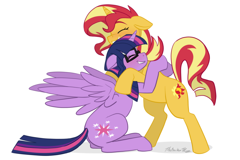 Size: 1280x855 | Tagged: safe, artist:verumteednp, banned from derpibooru, deleted from derpibooru, derpibooru import, sci-twi, sunset shimmer, twilight sparkle, twilight sparkle (alicorn), ponified, alicorn, pony, unicorn, alicornified, contest entry, cute, daaaaaaaaaaaw, equestria girls ponified, eyes closed, female, glasses, hug, lesbian, race swap, scitwilicorn, scitwishimmer, shimmerbetes, shipping, simple background, sitting, sunsetsparkle, transparent background, twiabetes