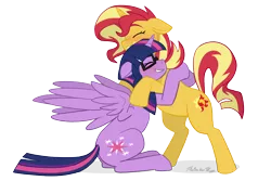 Size: 1280x855 | Tagged: safe, artist:verumteednp, banned from derpibooru, deleted from derpibooru, derpibooru import, sci-twi, sunset shimmer, twilight sparkle, twilight sparkle (alicorn), ponified, alicorn, pony, unicorn, alicornified, contest entry, cute, daaaaaaaaaaaw, equestria girls ponified, eyes closed, female, glasses, hug, lesbian, race swap, scitwilicorn, scitwishimmer, shimmerbetes, shipping, simple background, sitting, sunsetsparkle, transparent background, twiabetes