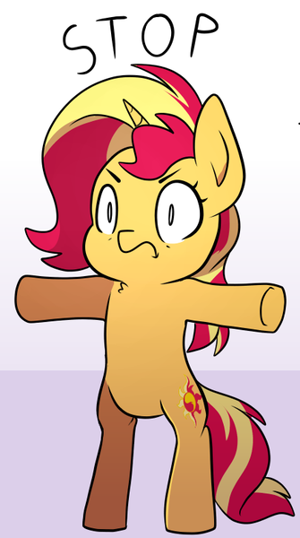 Size: 440x787 | Tagged: safe, artist:little-tweenframes, banned from derpibooru, deleted from derpibooru, derpibooru import, sunset shimmer, pony, unicorn, series:sciset diary, cropped, female, mare, reaction image, solo, stop, t pose