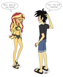 Size: 1691x2048 | Tagged: suggestive, artist:verumteednp, banned from derpibooru, deleted from derpibooru, derpibooru import, sunset shimmer, oc, oc:tony marshall, equestria girls, equestria girls series, arm behind head, bedroom eyes, bikini, breasts, canon x oc, clothes, feet, female, looking at each other, male, raised leg, sandals, simple background, smiling, straight, sunshall, swimsuit, transparent background