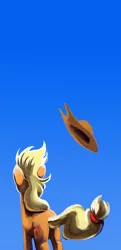 Size: 1200x2486 | Tagged: safe, artist:lopoddity, banned from derpibooru, deleted from derpibooru, derpibooru import, applejack, earth pony, pony, female, hat off, looking away, looking up, mare, negative space, rear view, sky, solo, standing, wind, windswept mane