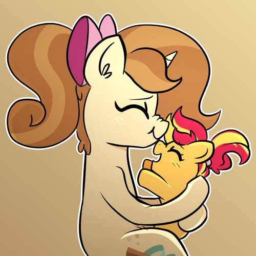 Size: 500x500 | Tagged: safe, artist:little-tweenframes, banned from derpibooru, deleted from derpibooru, derpibooru import, baby sunset, cinnamon chai, sunset shimmer, pony, unicorn, series:sciset diary, baby, baby pony, cute, eyes closed, female, mare, mother and child, mother and daughter, shimmerbetes, simple background, smiling, weapons-grade cute