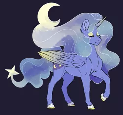 Size: 1280x1187 | Tagged: safe, artist:lopoddity, banned from derpibooru, deleted from derpibooru, derpibooru import, oc, unofficial characters only, alicorn, pony, alicorn oc, black background, commission, crescent moon, ethereal mane, eyes closed, female, fusion, horn, mare, moon, not luna, raised hoof, realistic horse legs, simple background, solo, wings