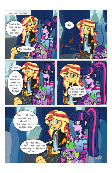 Size: 2650x4096 | Tagged: safe, artist:verumteednp, banned from derpibooru, deleted from derpibooru, derpibooru import, sci-twi, spike, spike the regular dog, sunset shimmer, twilight sparkle, dog, comic:sparkling shimmer, equestria girls, chapter 2, clothes, comic, dialogue, female, glasses, music notes, smiling, speech bubble