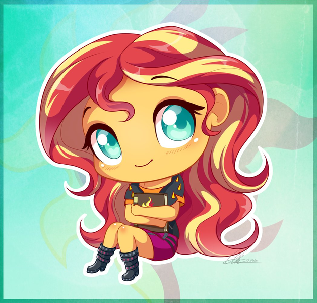 Size: 1048x999 | Tagged: safe, artist:dvixie, banned from derpibooru, deleted from derpibooru, derpibooru import, sunset shimmer, equestria girls, equestria girls series, book, boots, chibi, clothes, cute, female, high heel boots, looking at you, shimmerbetes, shoes, smiling, solo