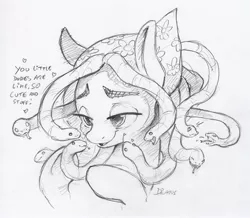 Size: 2281x1989 | Tagged: safe, artist:dilarus, banned from derpibooru, deleted from derpibooru, derpibooru import, tree hugger, gorgon, medusa, original species, pony, snake, bandana, cute, dialogue, female, grayscale, heart, mare, monochrome, signature, sketch, smiling, traditional art