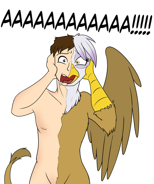 Size: 1299x1546 | Tagged: suggestive, artist:acesential, banned from derpibooru, deleted from derpibooru, derpibooru import, gilda, gryphon, hybrid, aaaaaaaaaa, holding head, horrified, human to griffon, implied nudity, looking at you, male, male to female, open mouth, rule 63, scared, screaming, solo, solo male, transformation, transgender transformation