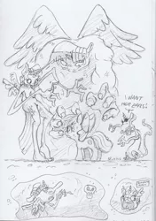 Size: 1695x2411 | Tagged: suggestive, artist:dilarus, banned from derpibooru, deleted from derpibooru, derpibooru import, apple bloom, twilight sparkle, twilight sparkle (alicorn), alicorn, anthro, earth pony, comic:the many faces of twilight sparkle, anthro with ponies, dialogue, disembodied head, female, image, jpeg, monochrome, not salmon, skull, traditional art, wat