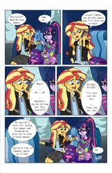 Size: 2650x4096 | Tagged: safe, artist:verumteednp, banned from derpibooru, deleted from derpibooru, derpibooru import, sci-twi, spike, spike the regular dog, sunset shimmer, twilight sparkle, dog, comic:sparkling shimmer, equestria girls, backpack, chapter 2, clothes, comic, dialogue, female, glasses, mobile phone, phone, ponytail, shirt, skirt, speech bubble