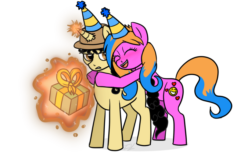 Size: 1280x800 | Tagged: safe, artist:verumteednp, banned from derpibooru, deleted from derpibooru, derpibooru import, oc, oc:curly fries, oc:joyful glee, earth pony, pony, unicorn, annoyed, birthday, blushing, female, gift art, hat, hug, male, mare, oc x oc, present, shipping, simple background, stallion, straight, transparent background