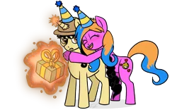 Size: 1280x800 | Tagged: safe, artist:verumteednp, banned from derpibooru, deleted from derpibooru, derpibooru import, oc, oc:curly fries, oc:joyful glee, earth pony, pony, unicorn, annoyed, birthday, blushing, female, gift art, hat, hug, male, mare, oc x oc, present, shipping, simple background, stallion, straight, transparent background