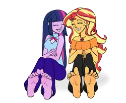 Size: 1290x1056 | Tagged: suggestive, artist:verumteednp, banned from derpibooru, deleted from derpibooru, derpibooru import, sunset shimmer, twilight sparkle, twilight sparkle (alicorn), alicorn, equestria girls, barefoot, big feet, clothes, commission, cute, eyes closed, feet, female, fetish, foot fetish, foot focus, geode of empathy, lesbian, magical geodes, shipping, simple background, sitting, smiling, soles, spread toes, sunsetsparkle, toes, transparent background, wiggling toes