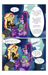 Size: 2650x4096 | Tagged: safe, artist:verumteednp, banned from derpibooru, deleted from derpibooru, derpibooru import, sci-twi, spike, spike the regular dog, sunset shimmer, twilight sparkle, dog, comic:sparkling shimmer, equestria girls, chapter 2, clothes, comic, dialogue, glasses, sitting, speech bubble