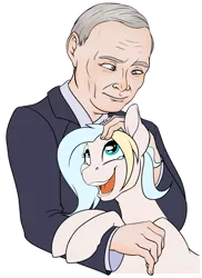 Size: 934x1280 | Tagged: safe, artist:acesential, banned from derpibooru, deleted from derpibooru, derpibooru import, oc, oc:teacup cake, human, pony, clothes, crying, excited, happy, head scratch, looking up, petting, politics, president, russia, simple background, suit, tears of joy, teeth, tongue out, transparent background, vladimir putin, wat, white outline