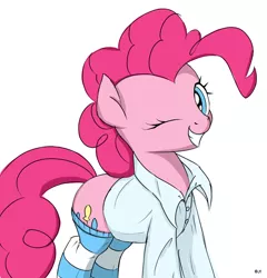 Size: 1566x1630 | Tagged: safe, artist:jh, banned from derpibooru, deleted from derpibooru, derpibooru import, pinkie pie, earth pony, pony, clothes, cute, diapinkes, female, looking at you, mare, one eye closed, shirt, simple background, smiling, socks, solo, striped socks, white background, wink