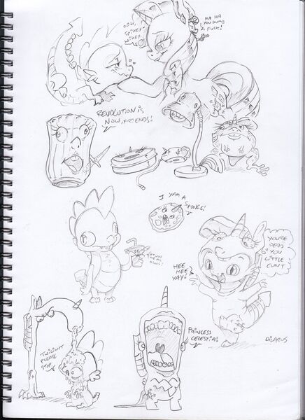 Size: 2552x3508 | Tagged: safe, artist:dilarus, banned from derpibooru, deleted from derpibooru, derpibooru import, rarity, spike, twilight sparkle, twilight sparkle (alicorn), alicorn, dragon, frog, pony, unicorn, comic:the many faces of twilight sparkle, computer mouse, dialogue, knife, lamp, living clothes, monochrome, not salmon, objectification, soda, species swap, sponge, traditional art, vulgar, wat