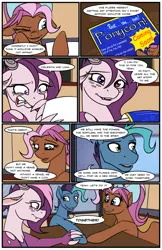 Size: 776x1200 | Tagged: safe, artist:acesential, banned from derpibooru, deleted from derpibooru, derpibooru import, oc, oc:bowtie, oc:mirage, oc:tiebreaker, comic:new beginnings, comic, ponycon