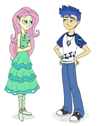Size: 983x1280 | Tagged: safe, artist:verumteednp, banned from derpibooru, deleted from derpibooru, derpibooru import, flash sentry, fluttershy, equestria girls, clothes, converse, dress, female, pants, shirt, shoes, simple background, smiling, transparent background