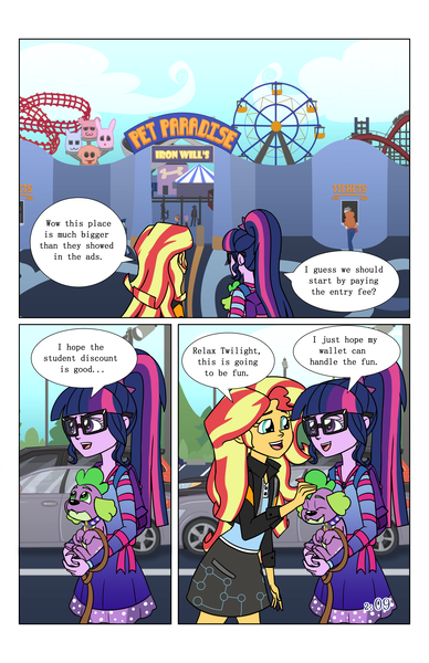 Size: 2650x4096 | Tagged: safe, artist:verumteednp, banned from derpibooru, deleted from derpibooru, derpibooru import, sci-twi, spike, spike the regular dog, sunset shimmer, twilight sparkle, dog, comic:sparkling shimmer, equestria girls, amusement park, car, chapter 2, clothes, comic, glasses, leash