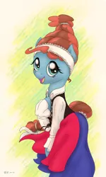 Size: 1993x3328 | Tagged: safe, artist:jh, banned from derpibooru, deleted from derpibooru, derpibooru import, meadowbrook, earth pony, pony, abstract background, bipedal, clothes, dress, female, happy, mare, meadowcute, smiling, solo, traditional dress, wind