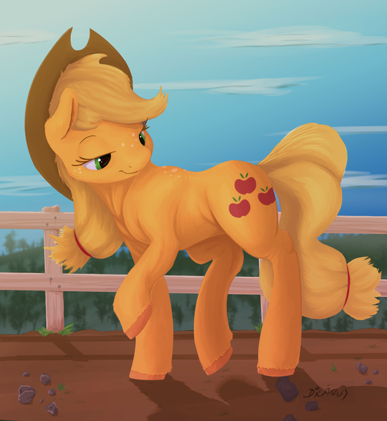 Size: 1701x1853 | Tagged: safe, artist:dilarus, artist:transgressors-reworks, banned from derpibooru, color edit, deleted from derpibooru, derpibooru import, edit, applejack, earth pony, pony, colored, cowboy hat, female, fence, hat, mare, raised hoof, signature, sketch, smiling, solo, stetson, traditional art