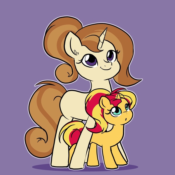 Size: 1000x1000 | Tagged: safe, artist:little-tweenframes, banned from derpibooru, deleted from derpibooru, derpibooru import, cinnamon chai, sunset shimmer, pony, unicorn, series:sciset diary, cute, female, filly, filly sunset shimmer, headcanon, mare, mother and child, mother and daughter, shimmerbetes, simple background, smiling, younger