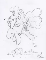 Size: 1633x2153 | Tagged: safe, artist:dilarus, banned from derpibooru, deleted from derpibooru, derpibooru import, part of a set, pinkie pie, earth pony, pony, black and white, eyes closed, female, grayscale, jumping, mare, monochrome, music notes, pencil drawing, signature, simple background, solo, traditional art, white background