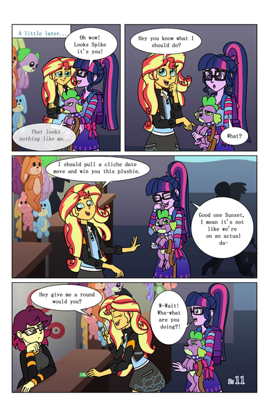 Size: 2650x4096 | Tagged: safe, artist:verumteednp, banned from derpibooru, deleted from derpibooru, derpibooru import, sci-twi, spike, spike the regular dog, sunset shimmer, twilight sparkle, dog, comic:sparkling shimmer, equestria girls, backpack, chapter 2, comic, dialogue, female, hilarious in hindsight, lesbian, plushie, scitwishimmer, shipping, smiling, speech bubble, sunsetsparkle