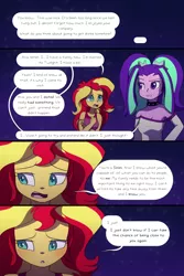 Size: 1000x1500 | Tagged: safe, artist:little-tweenframes, banned from derpibooru, deleted from derpibooru, derpibooru import, aria blaze, sunset shimmer, comic:aria's archives, comic:of babes and heartbreaks, series:sciset diary, equestria girls, rainbow rocks, blushing, clothes, comic, female, implied lesbian, implied shipping, implied sunsetsparkle, implied twilight sparkle, speech bubble