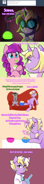 Size: 1280x5299 | Tagged: safe, artist:senseidezzy, banned from derpibooru, deleted from derpibooru, derpibooru import, dinky hooves, lily longsocks, oc, oc:aero, earth pony, pony, unicorn, :p, aero replies, ask, beaker, bowl, breakfast, brother, cereal, clothes, colt, comic, couch, female, food, glowing horn, glowing tongue, goggles, green, green tongue, half-siblings, horn, implied derpy, lab coat, levitation, looking at you, magic, male, offscreen character, offspring, older, older dinky hooves, parent:derpy hooves, parent:oc:warden, parents:canon x oc, parents:warderp, popcorn, science, shipping, spoon, tea, telekinesis, tongue out, trans stallion, transgender, tumblr, watching tv