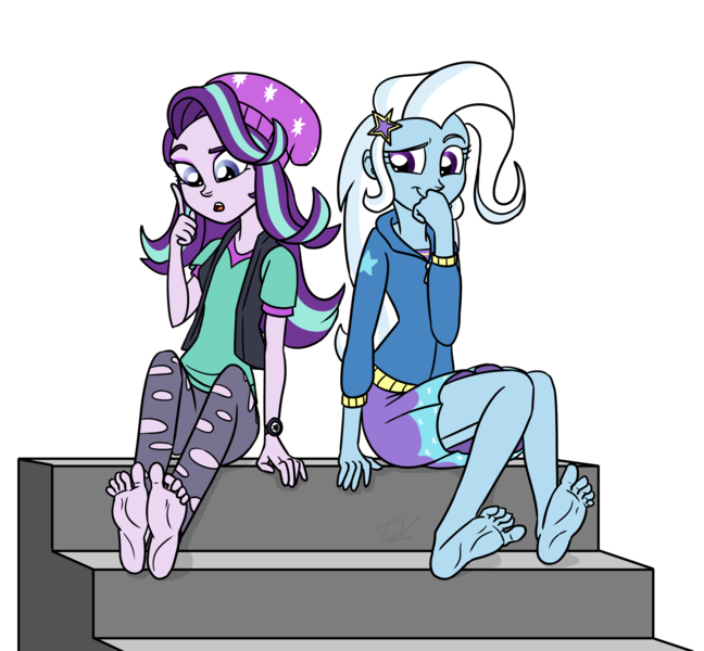 Size: 2048x1896 | Tagged: suggestive, artist:verumteednp, banned from derpibooru, deleted from derpibooru, derpibooru import, starlight glimmer, trixie, equestria girls, barefoot, clothes, commission, feet, fetish, foot fetish, simple background, sitting, spread toes, steps, toes, transparent background, wiggling toes