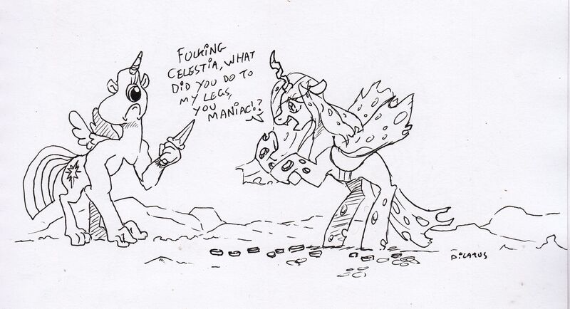 Size: 2391x1296 | Tagged: semi-grimdark, artist:dilarus, banned from derpibooru, deleted from derpibooru, derpibooru import, queen chrysalis, twilight sparkle, twilight sparkle (alicorn), alicorn, changeling, cyclops, pony, comic:the many faces of twilight sparkle, dialogue, knife, monochrome, not salmon, traditional art, trypophobia, vulgar, wat