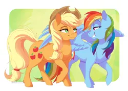 Size: 1024x729 | Tagged: safe, artist:dvixie, banned from derpibooru, deleted from derpibooru, derpibooru import, applejack, rainbow dash, earth pony, pegasus, pony, appledash, butt touch, commission, feathermarking, female, lesbian, looking at each other, mare, never doubt tchernobog's involvement, shipping