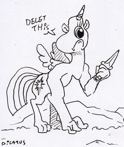 Size: 425x502 | Tagged: safe, anonymous editor, artist:dilarus, banned from derpibooru, deleted from derpibooru, derpibooru import, edit, editor:anonymous, twilight sparkle, twilight sparkle (alicorn), oc, oc:dagger, alicorn, cyclops, pony, comic:the many faces of twilight sparkle, delet this, dialogue, it had to be done, knife, meme, monochrome, not salmon, threat, traditional art, wat