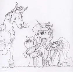 Size: 1655x1640 | Tagged: safe, artist:dilarus, banned from derpibooru, deleted from derpibooru, derpibooru import, applejack, princess celestia, twilight sparkle, twilight sparkle (alicorn), alicorn, earth pony, horse, pony, comic:the many faces of twilight sparkle, applejack's hat, cigarette, cowboy hat, crown, eye contact, hat, hoers, horseshoes, jewelry, looking at each other, looking up, monochrome, peytral, regalia, smoking, species swap, traditional art