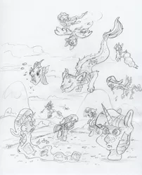 Size: 2350x2904 | Tagged: safe, artist:dilarus, banned from derpibooru, deleted from derpibooru, derpibooru import, fluttershy, rainbow dash, twilight sparkle, alicorn, anthro, fish, original species, comic:the many faces of twilight sparkle, flying, hill, monochrome, not salmon, ocean, salmon yet not salmon, smoldash, species swap, swimming, tallershy, traditional art, twilight sparkle (alicorn), wat