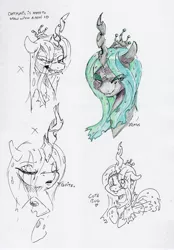 Size: 2278x3281 | Tagged: safe, artist:dilarus, banned from derpibooru, deleted from derpibooru, derpibooru import, queen chrysalis, changeling, changeling queen, bust, color, cute, cutealis, cute little fangs, dialogue, fangs, female, heart, monochrome, signature, simple background, traditional art