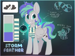 Size: 3300x2500 | Tagged: safe, artist:hiccupsdoesart, banned from derpibooru, deleted from derpibooru, derpibooru import, oc, oc:storm feather, unofficial characters only, blushing, clothes, cutie mark, reference sheet, scarf