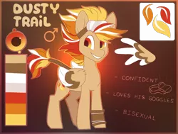 Size: 3300x2500 | Tagged: safe, artist:hiccupsdoesart, banned from derpibooru, deleted from derpibooru, derpibooru import, oc, oc:dusty trail, unofficial characters only, pegasus, pony, cutie mark, goggles, male, reference sheet, smiling, stallion, wings