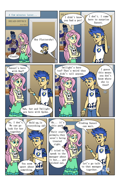 Size: 2650x4096 | Tagged: safe, artist:verumteednp, banned from derpibooru, deleted from derpibooru, derpibooru import, angel bunny, flash sentry, fluttershy, comic:sparkling shimmer, equestria girls, chapter 2, clothes, comic, dialogue, door, geode of fauna, magical geodes, open mouth, speech bubble