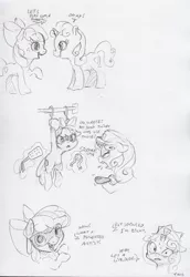 Size: 2376x3446 | Tagged: suggestive, artist:dilarus, banned from derpibooru, deleted from derpibooru, derpibooru import, apple bloom, sweetie belle, earth pony, pony, unicorn, ballgag, breaking the fourth wall, comic, cuffs, dialogue, gag, handcuffed, innuendo, mask, monochrome, paddle, sweat, traditional art, truncheon